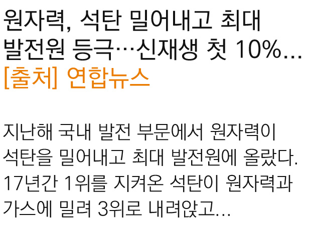 원자력, 석탄 밀어내고 최대 발전원 등극…신재생 첫 10%